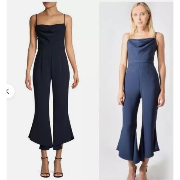 Likely Jumpsuit Women Size 4 Pasha Cropped Ruffle Flare Leg Spaghetti Strap Navy - Picture 1 of 14